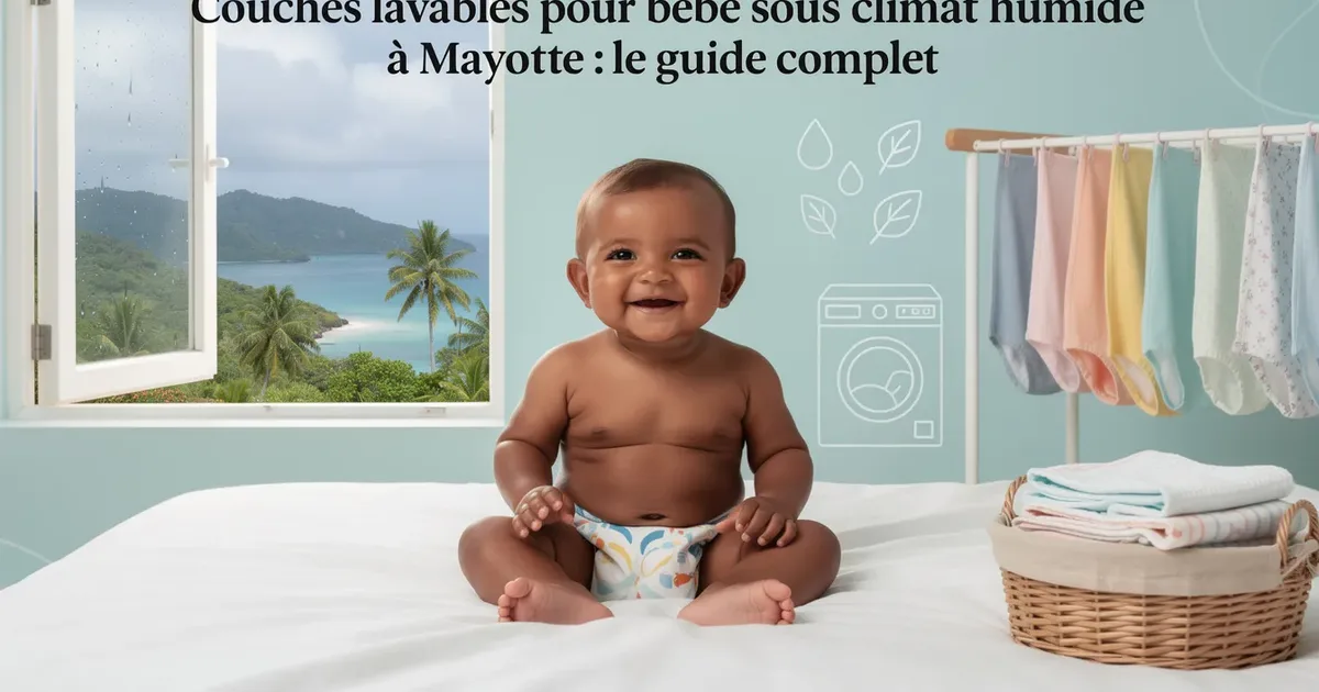 Bébé souriez en couche lavable assis sur un lit avec des vêtements à proximité sous climat tropical humide Mayotte