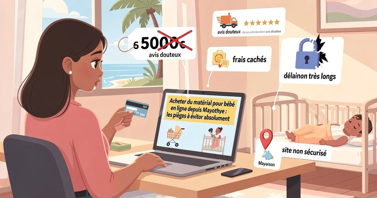 Femme enceinte face à un ordinateur avec des arnaques au shopping en ligne : prix barrés, frais cachés, délai long, site non