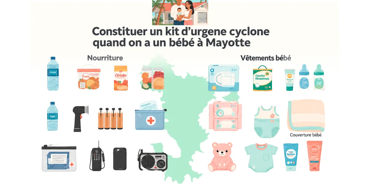 Kit urgence bébé cyclone Mayotte: eau, nourriture, vêtements, couches, trousse secours et équipements essentiels