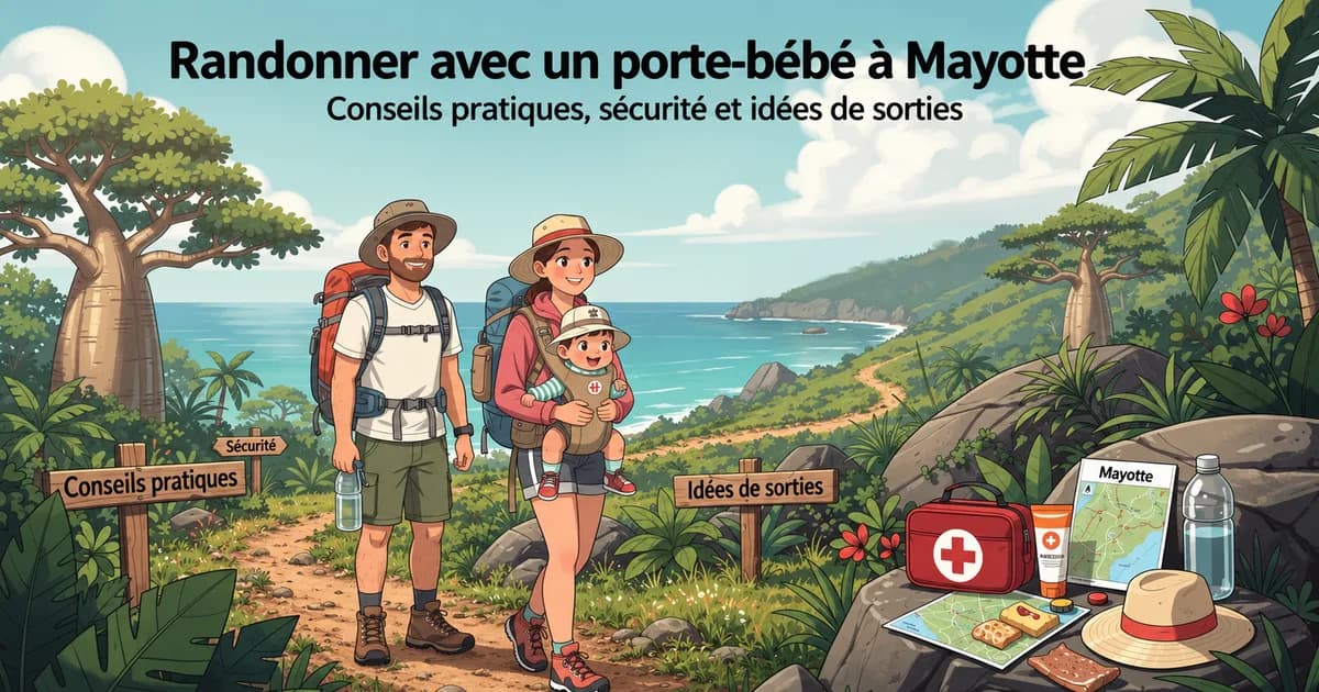 Couple avec bébé en randonnée à Mayotte, paysage tropical, porte-bébé et équipement de sécurité
