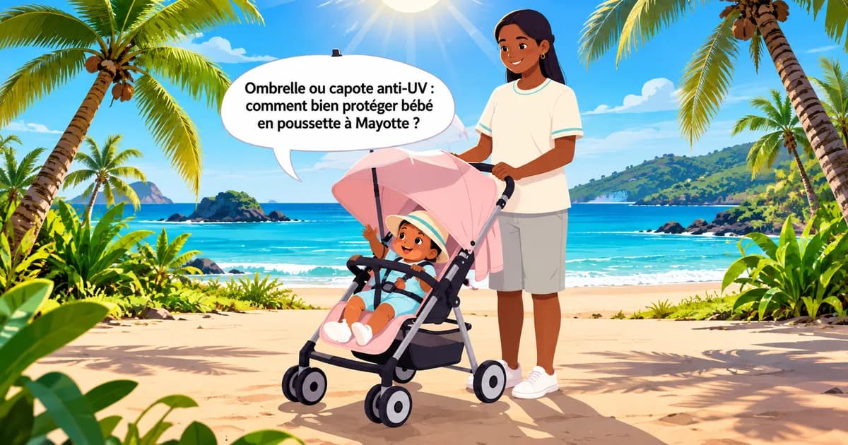 Mère avec ombrelle rose protégeant son bébé en poussette sur une plage tropicale de Mayotte