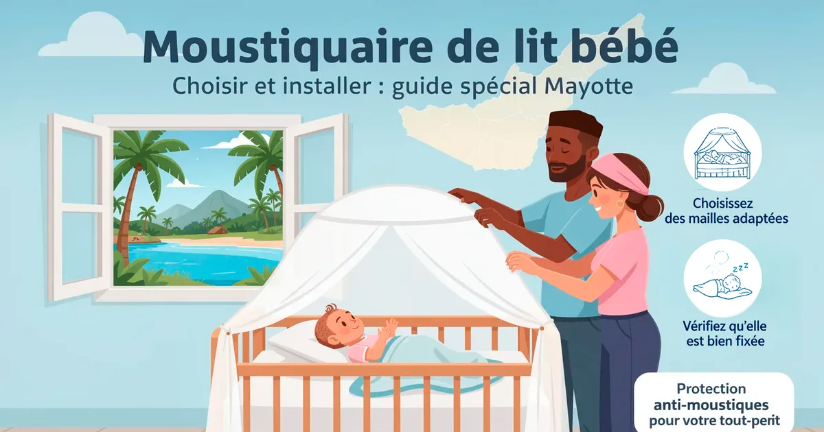 Parents installant une moustiquaire blanche sur le lit bébé bois, avec conseils et vue tropicale de Mayotte.