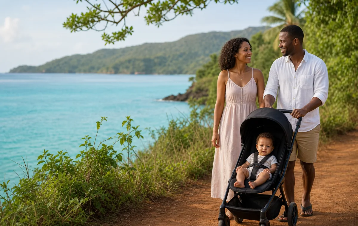 Parents et bébé en poussette sur un sentier côtier de Mayotte