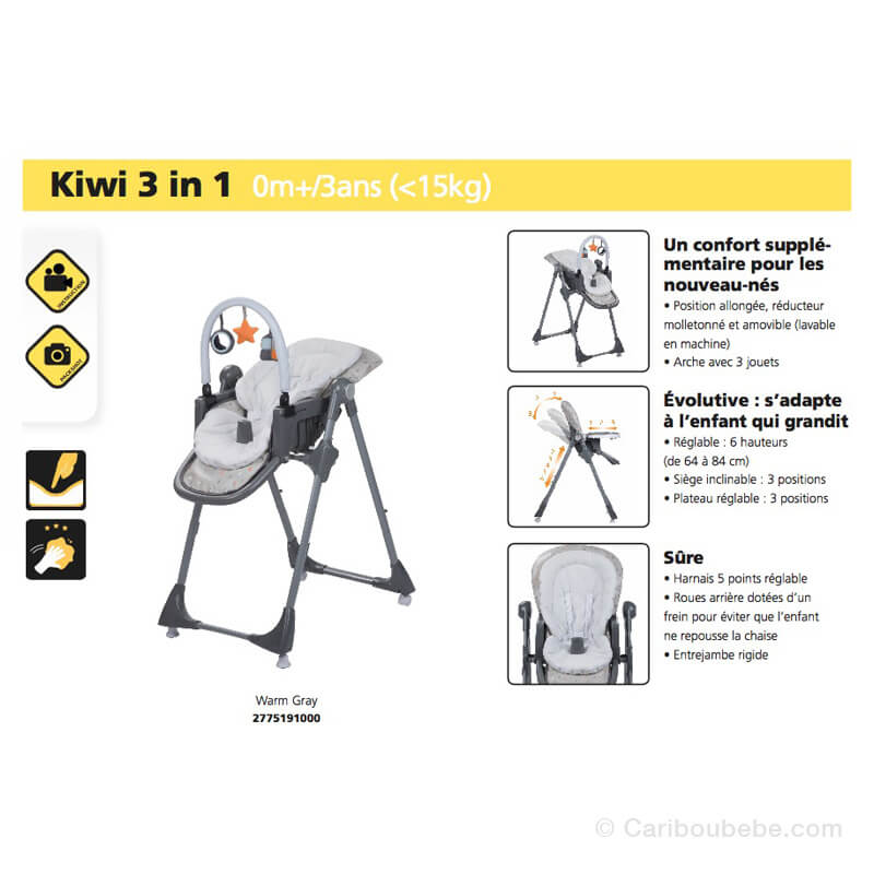 BEBECONFORT Chaise haute bébé Kiwi 3 en 1, évolutive, De la
